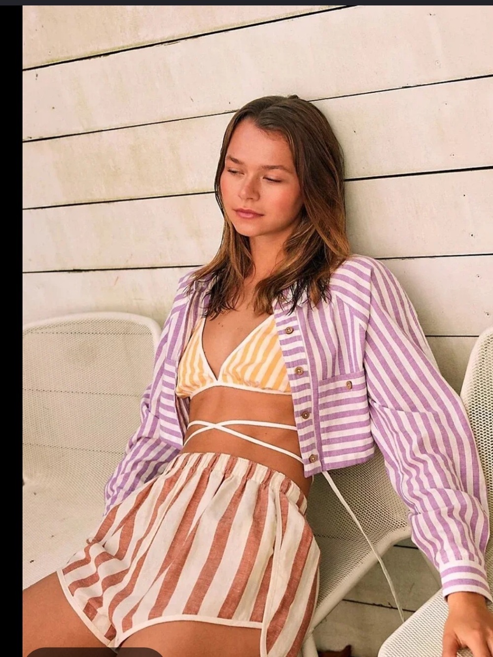 Free People Lavender and White Striped Cropped Button-Up Top
